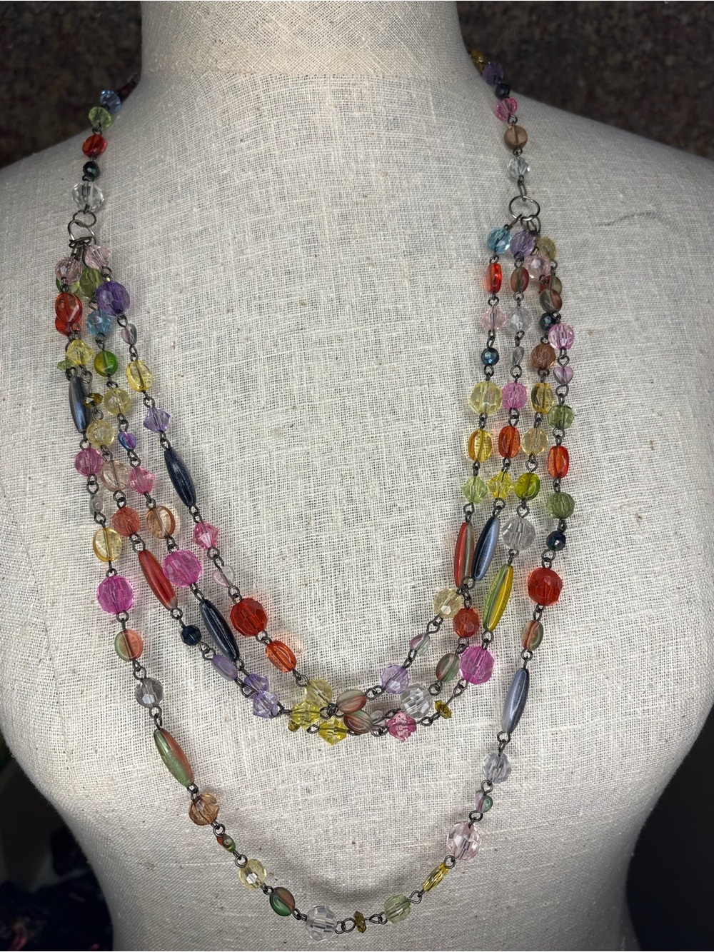 Hand Crafted Vintage Multi Strand Colorful Crystal Beaded Statement Necklace